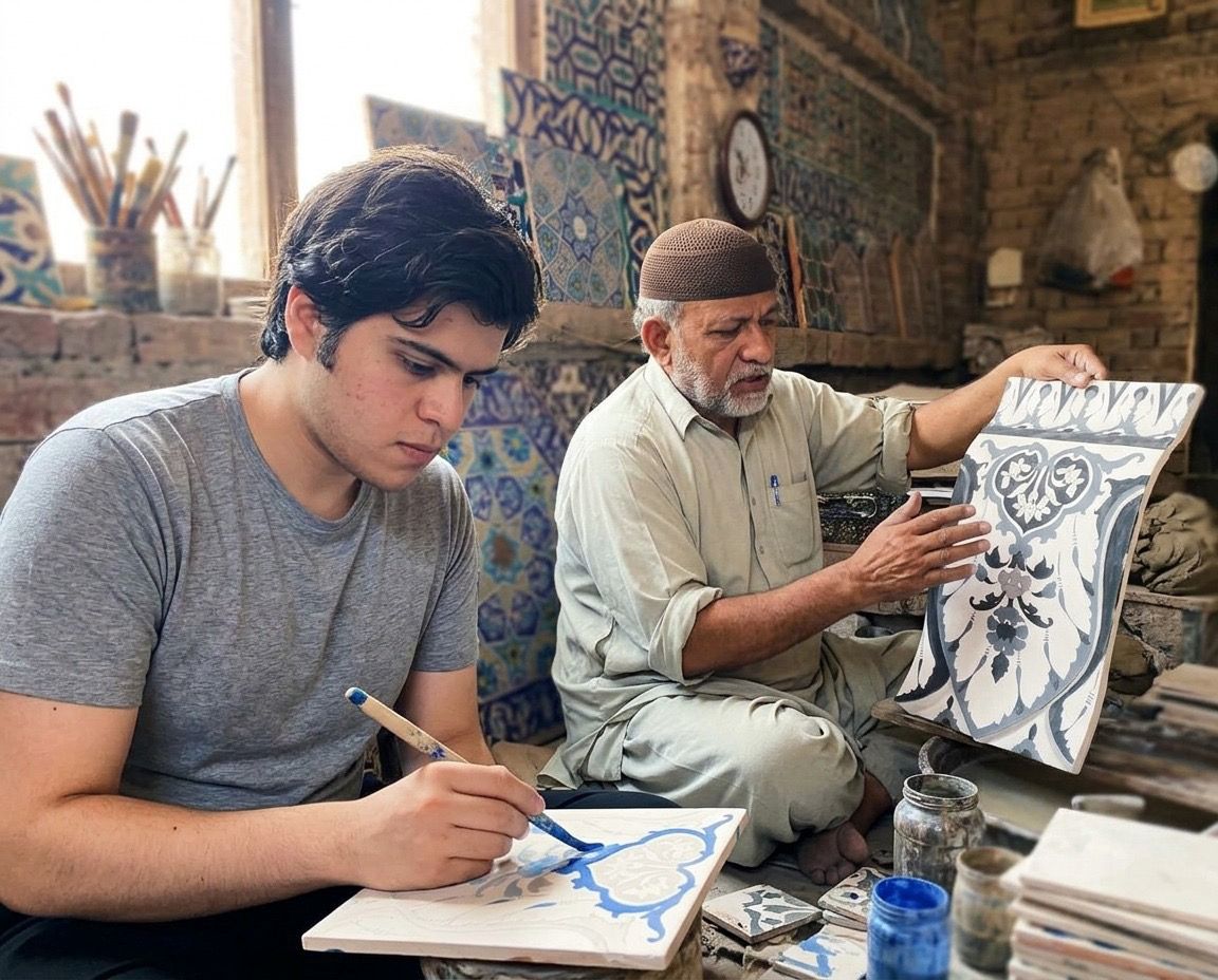 Ubaid painting a tile while Wajid shows him the pattern