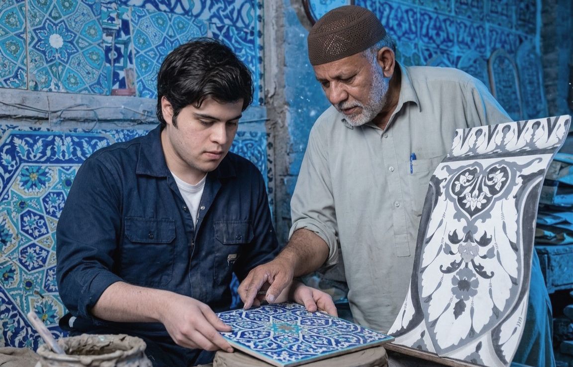 Ustad Wajid teaching Ubaid how to examine a tile